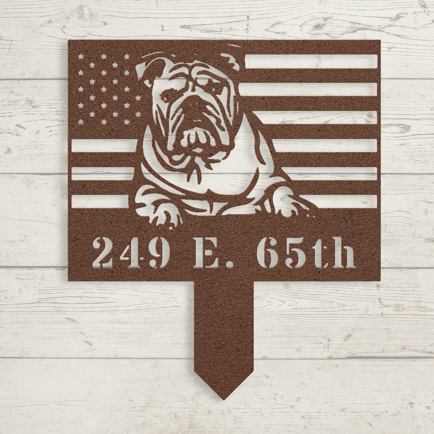 Patriotic English Bulldog Yard Sign – Custom American Flag Metal Lawn Art - BullyBellyMetal Sign