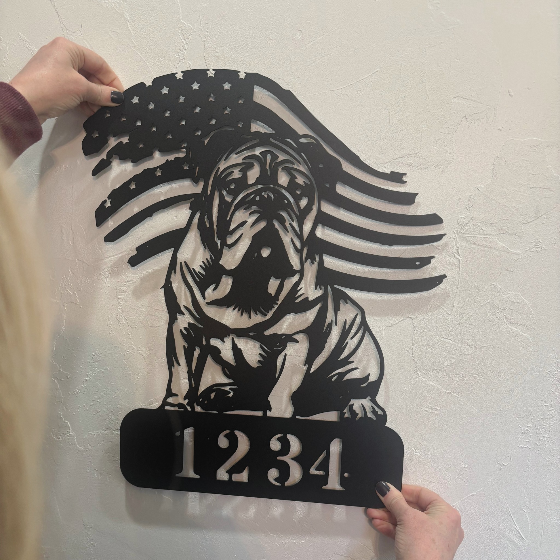 Custom English Bulldog Metal Address Sign – Patriotic American Flag Home Décor