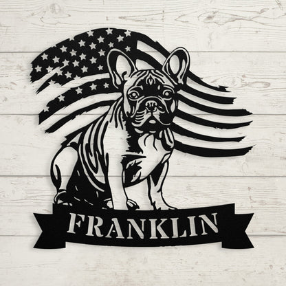 French Bulldog Metal Name Sign – Patriotic American Flag Home Décor