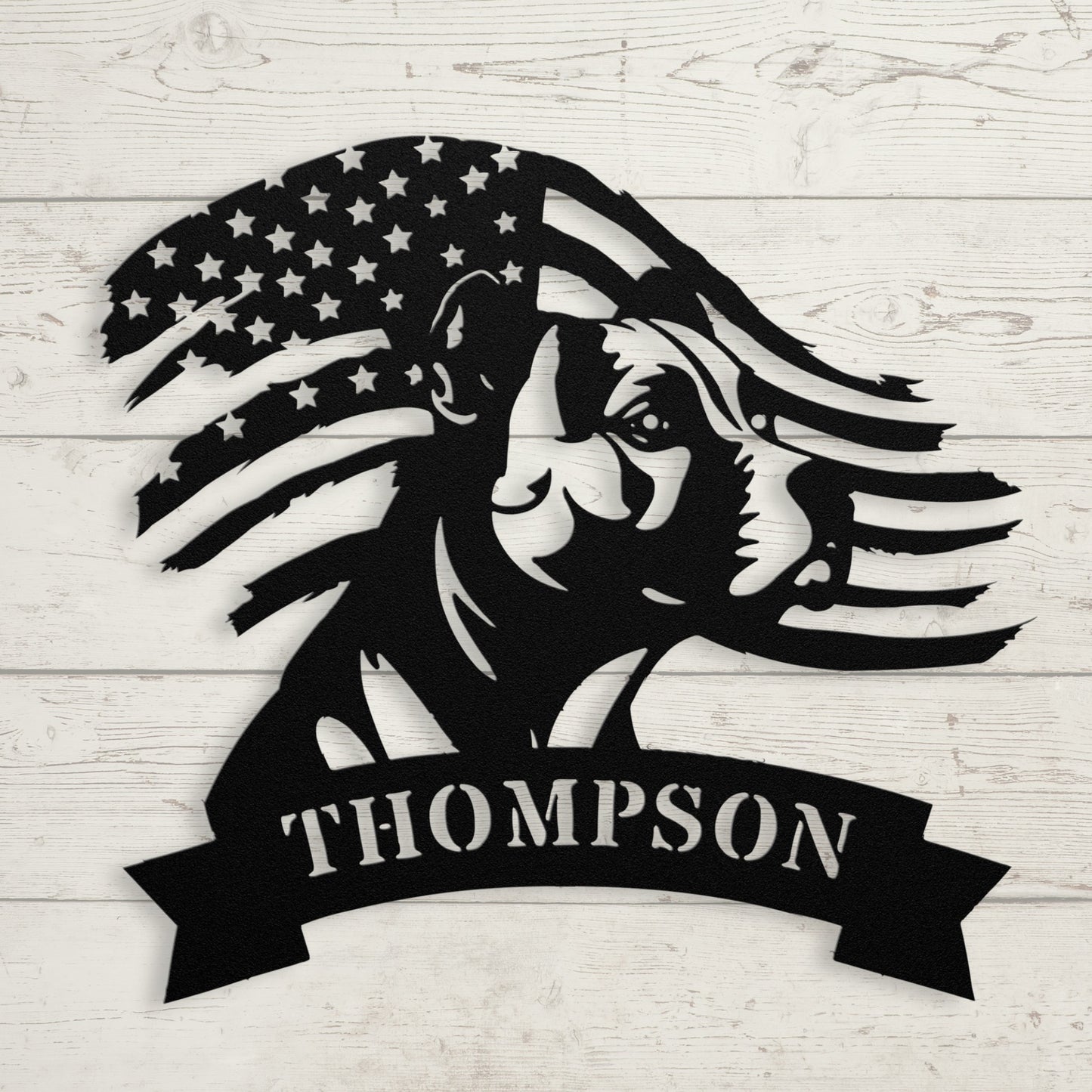 Patriotic Pitbull: Custom Metal Wall Art with American Flag