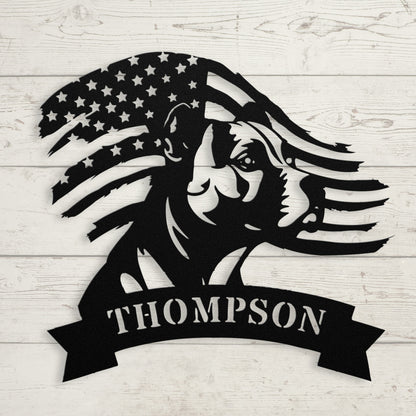 Patriotic Pitbull: Custom Metal Wall Art with American Flag