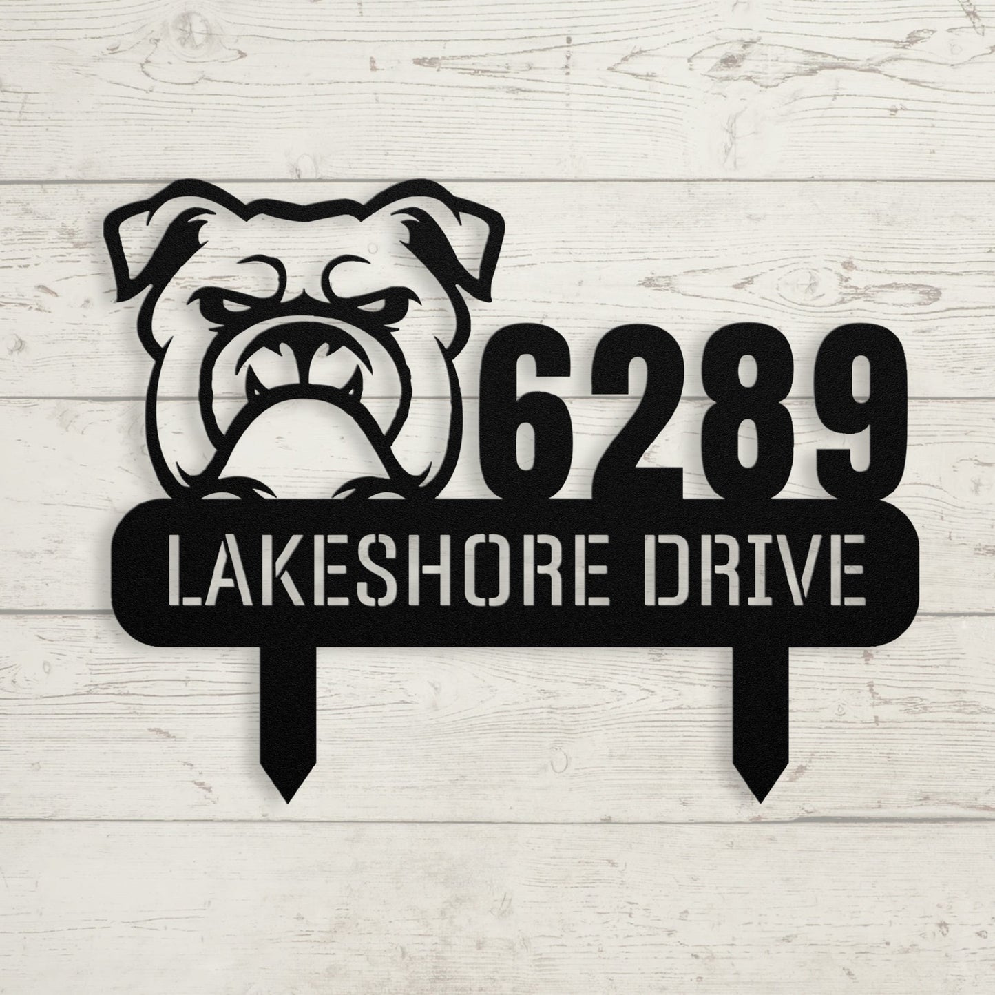 Fierce Bulldog Family Address Metal Lawn Sign