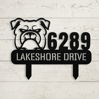 Fierce Bulldog Family Address Metal Lawn Sign