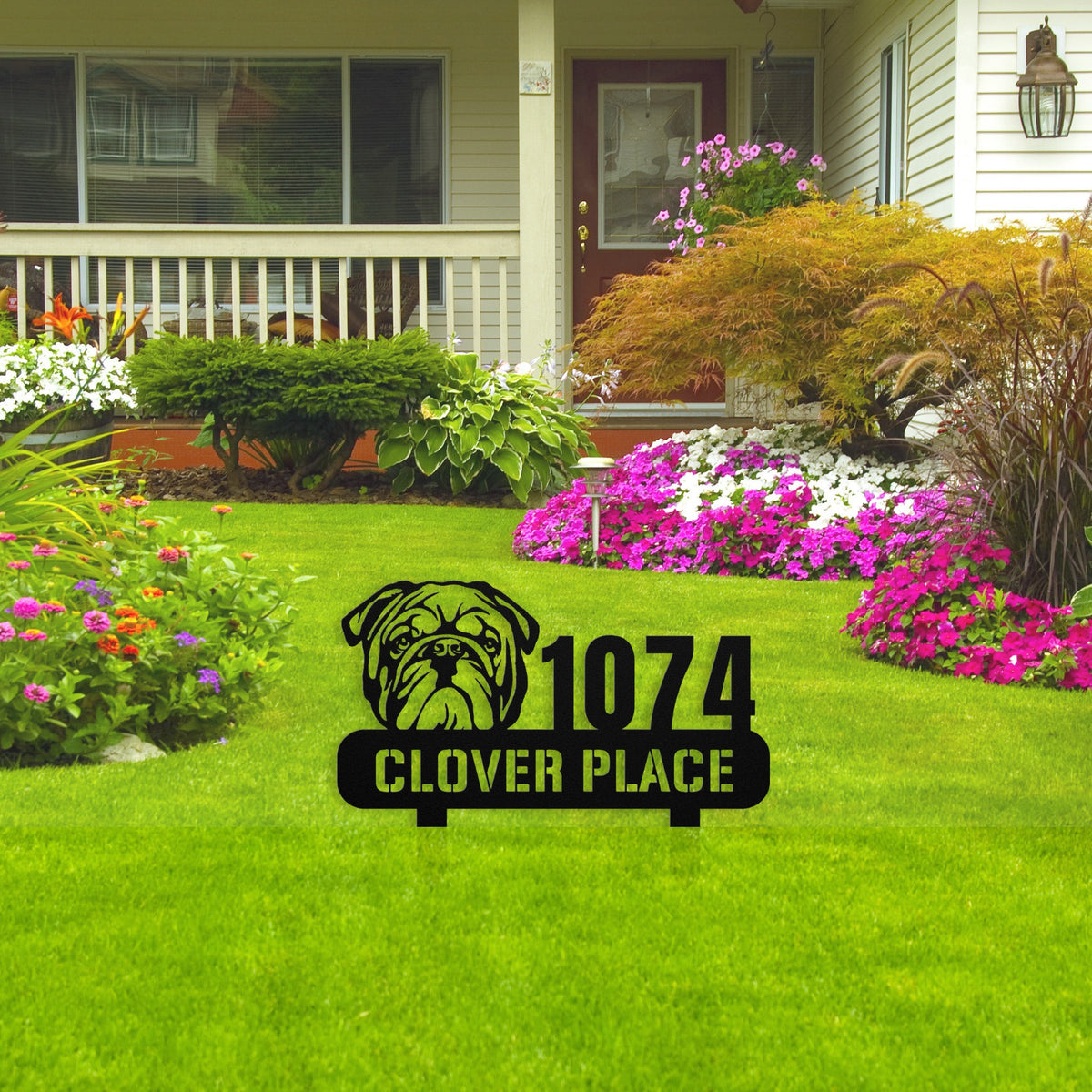 Bulldog Family Address Metal Lawn Sign