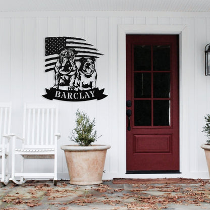 Custom Dual English Bulldog American Flag Metal Sign