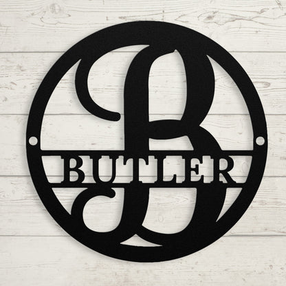 Split Letter Circle Monogram Metal Sign