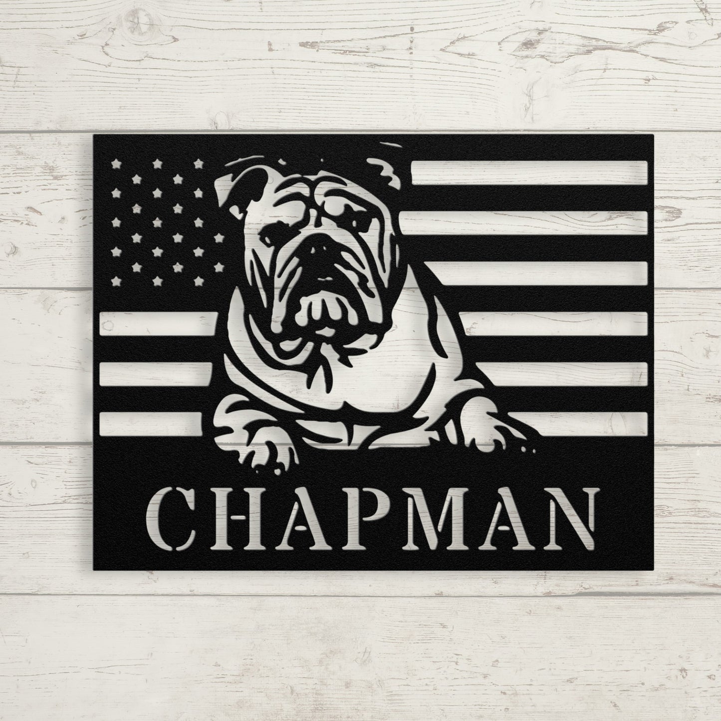 Patriotic English Bulldog Metal Wall Art – Custom American Flag Sign