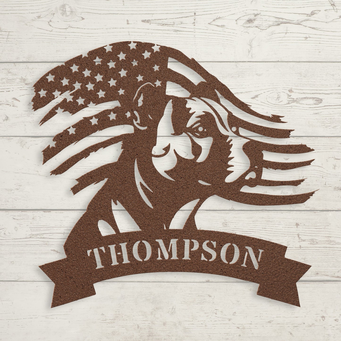 Patriotic Pitbull: Custom Metal Wall Art with American Flag