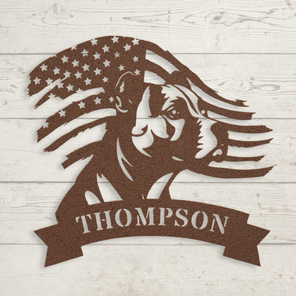 Patriotic Pitbull: Custom Metal Wall Art with American Flag