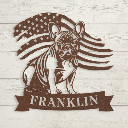 French Bulldog Metal Name Sign – Patriotic American Flag Home Décor