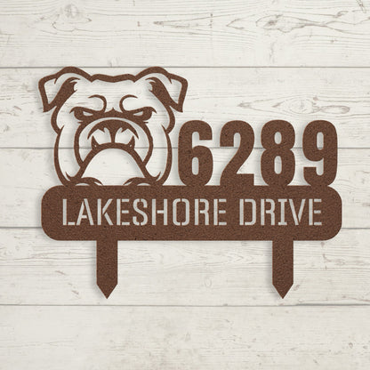 Fierce Bulldog Family Address Metal Lawn Sign