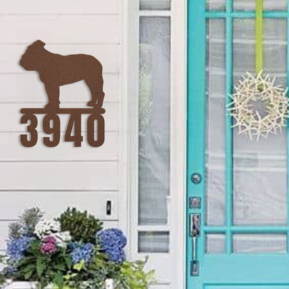 Destination English Bulldog Home Metal House Number Sign hanging next to front door