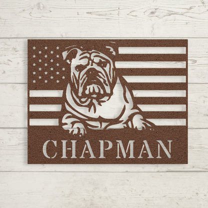 Patriotic English Bulldog Metal Wall Art – Custom American Flag Sign