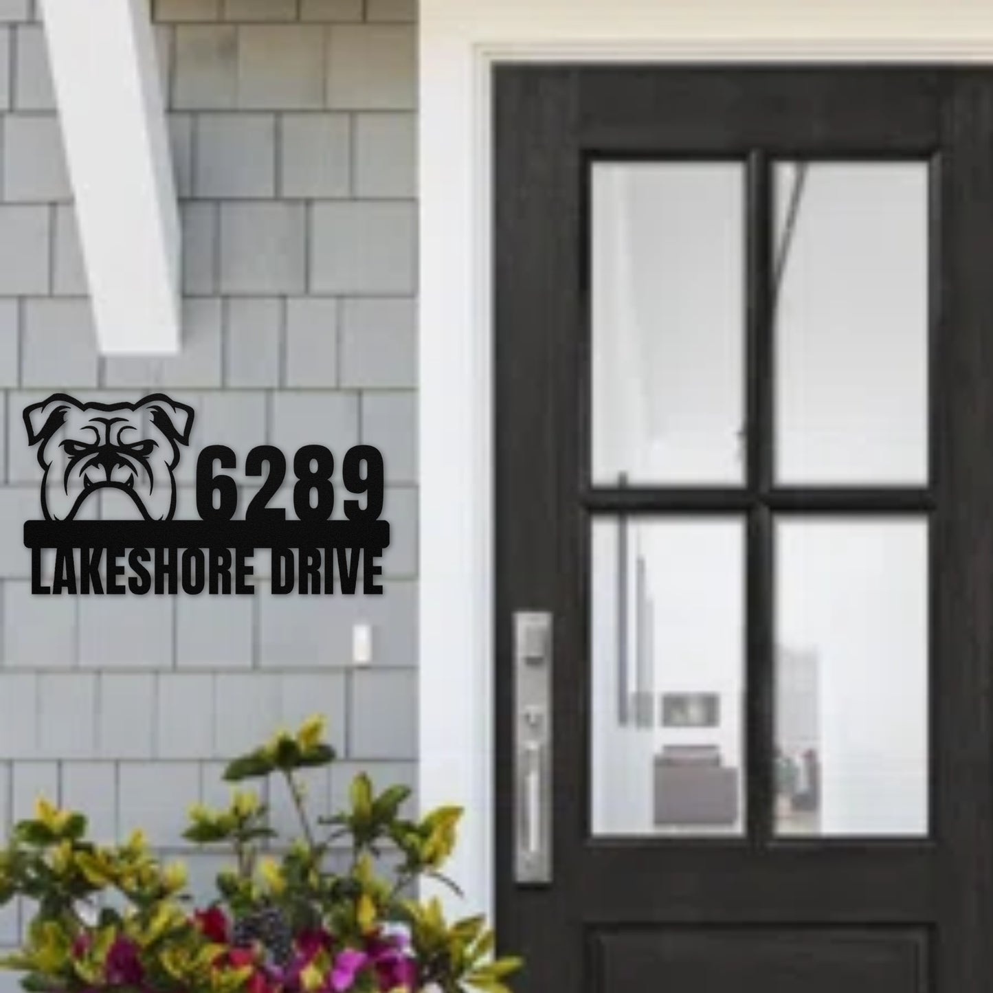 Metal Address Sign for Bulldog Home hanging next to front door