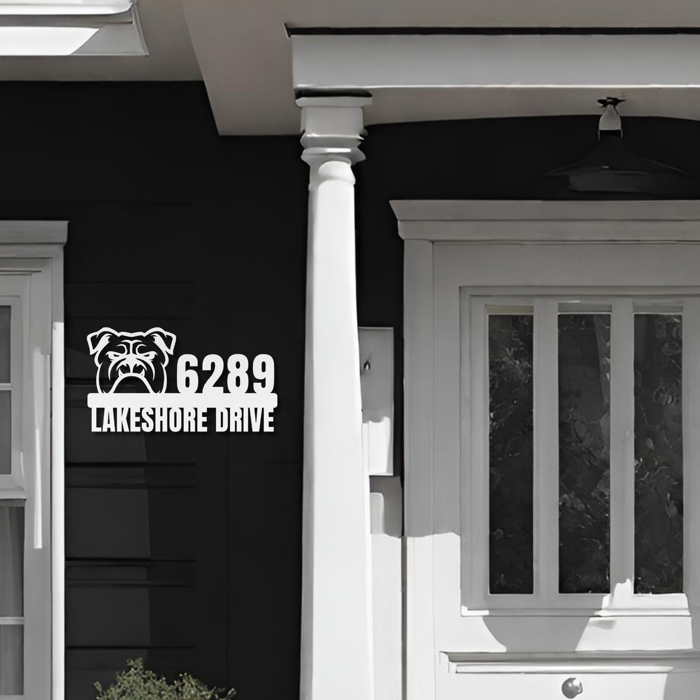 Metal Address Sign for Bulldog Home hanging next to front door