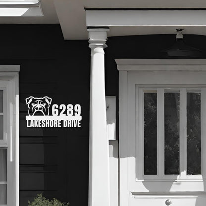 Metal Address Sign for Bulldog Home hanging next to front door