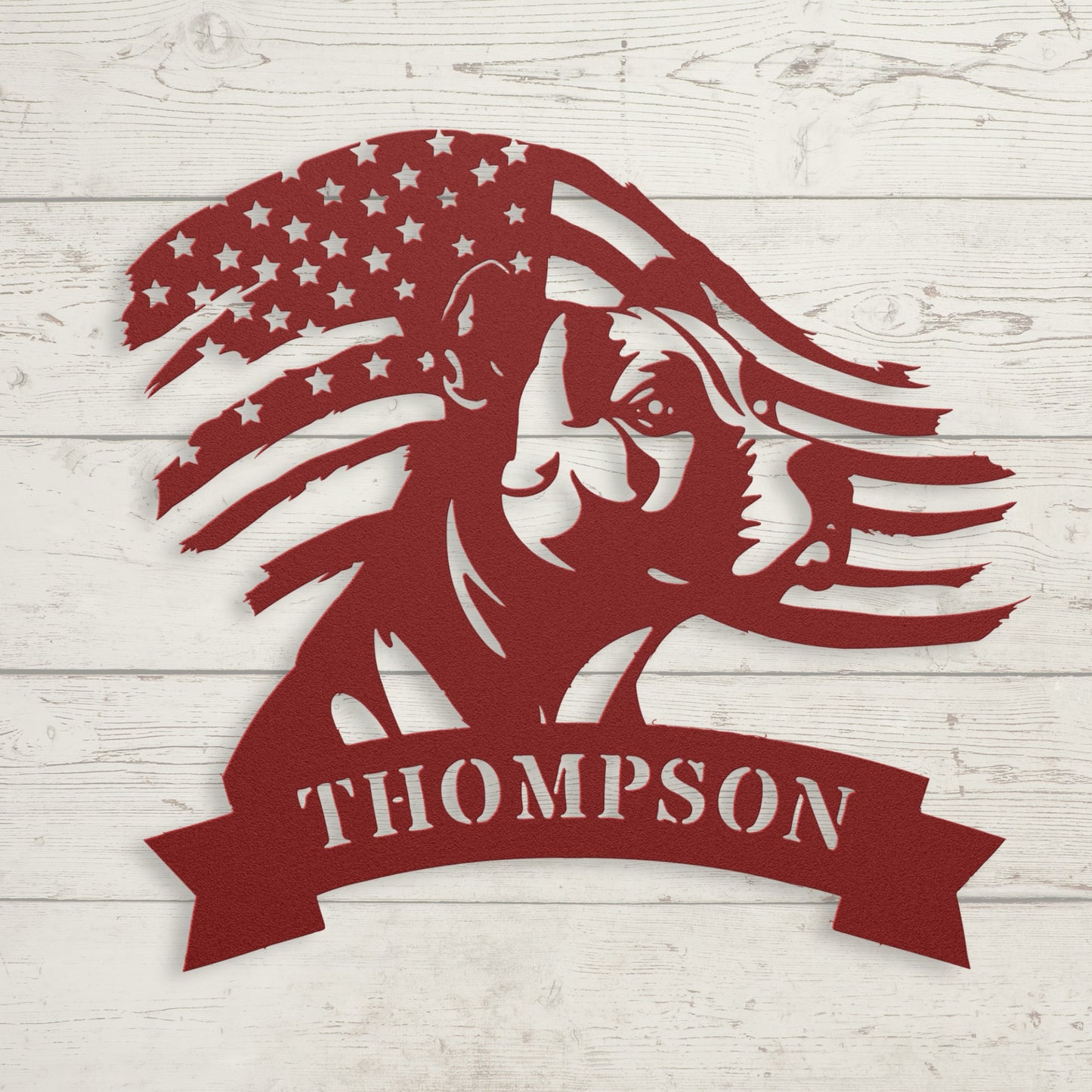 Patriotic Pitbull: Custom Metal Wall Art with American Flag
