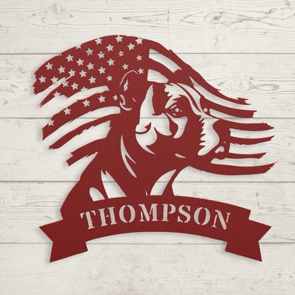 Patriotic Pitbull: Custom Metal Wall Art with American Flag