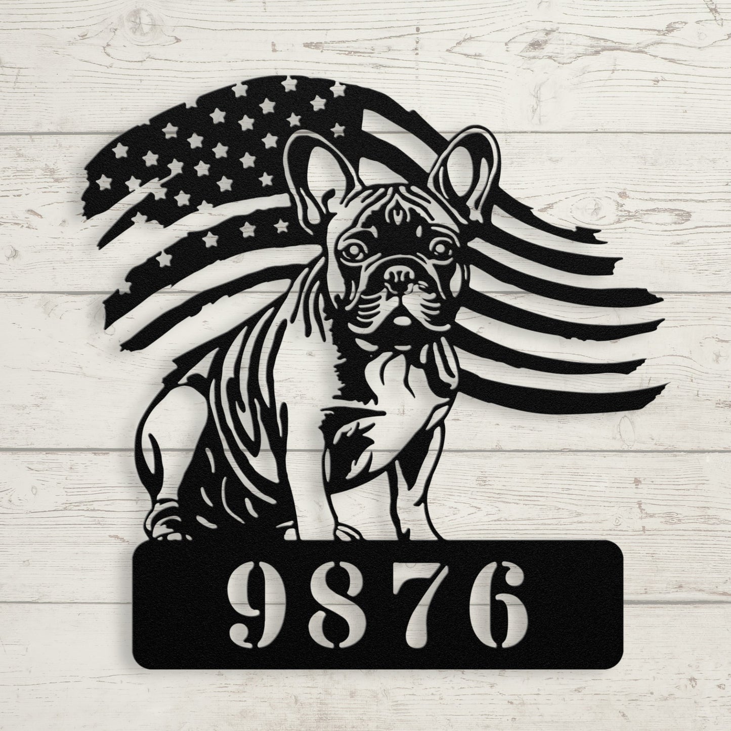 French Bulldog Metal Address Sign – Patriotic American Flag Home Décor