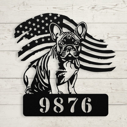 French Bulldog Metal Address Sign – Patriotic American Flag Home Décor