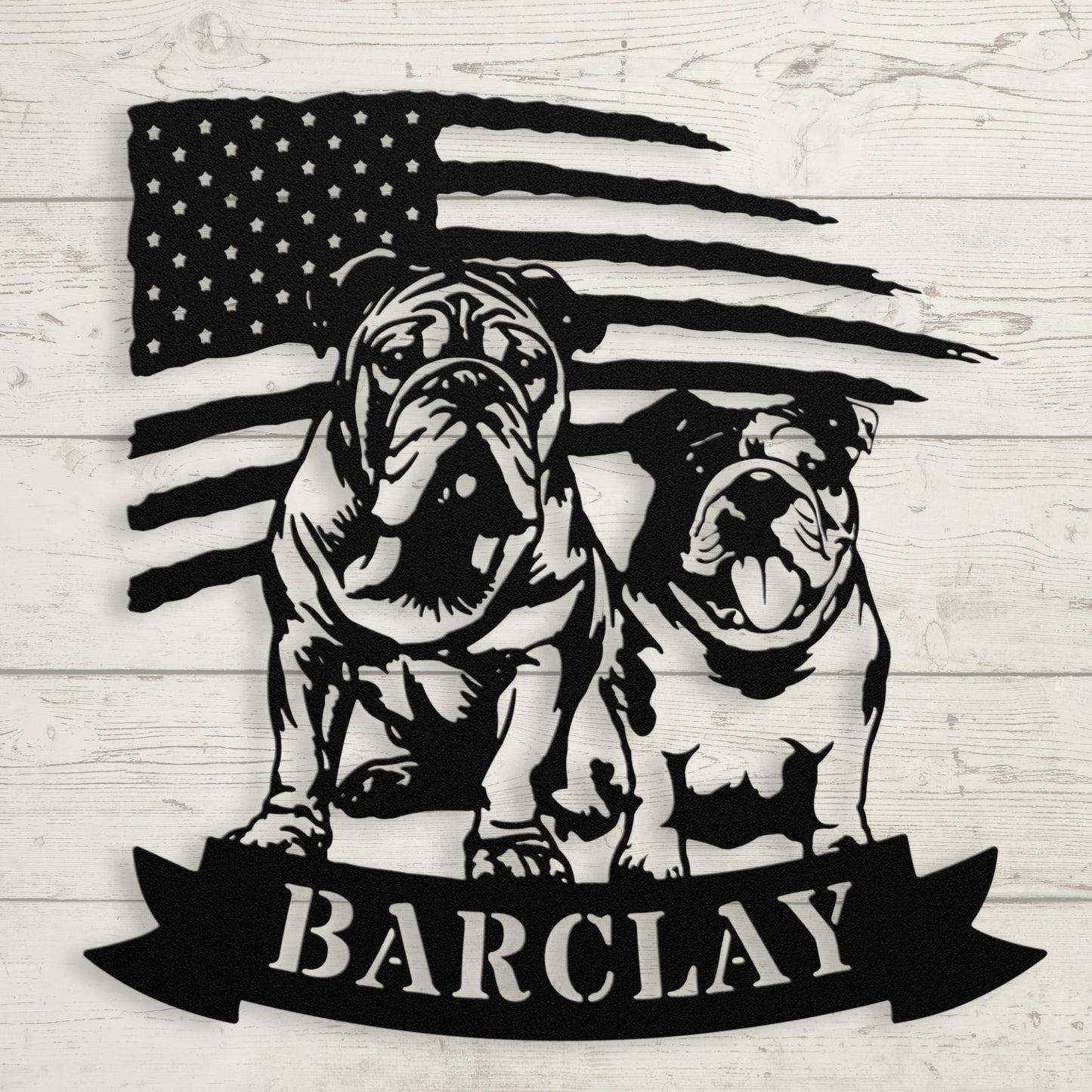 Custom Dual English Bulldog American Flag Metal Sign