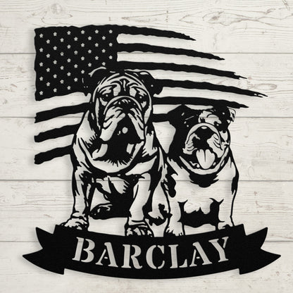 Custom Dual English Bulldog American Flag Metal Sign