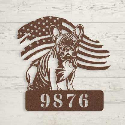 French Bulldog Metal Address Sign – Patriotic American Flag Home Décor