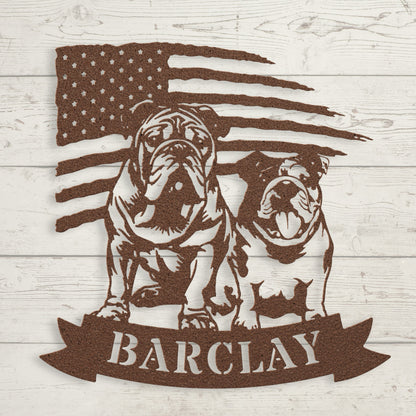 Custom Dual English Bulldog American Flag Metal Sign