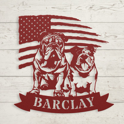 Custom Dual English Bulldog American Flag Metal Sign