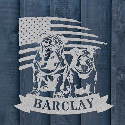 Custom Dual English Bulldog American Flag Metal Sign