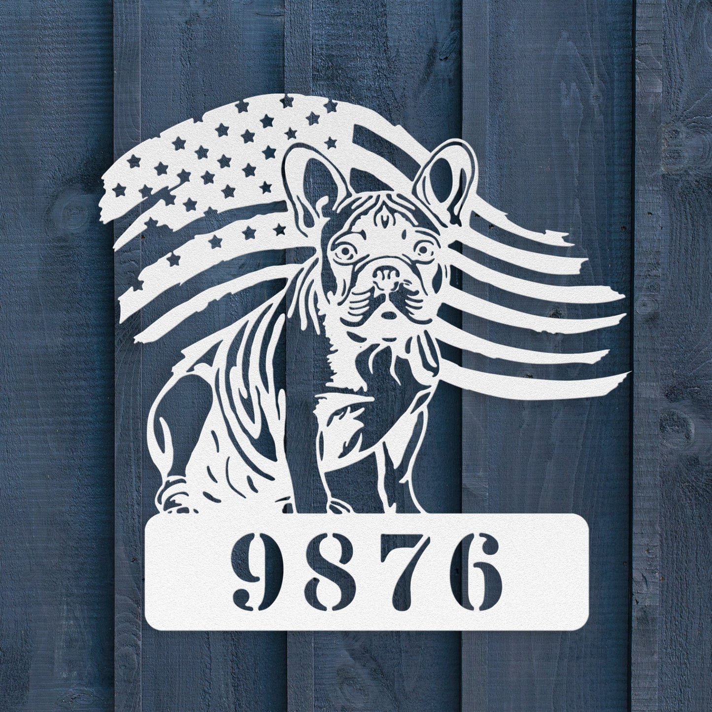 French Bulldog Metal Address Sign – Patriotic American Flag Home Décor