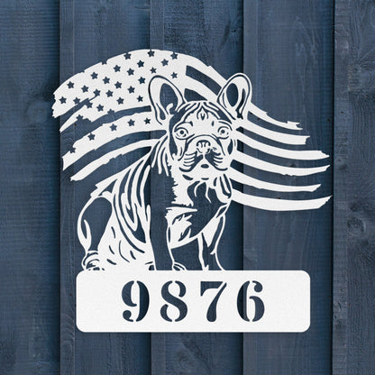 French Bulldog Metal Address Sign – Patriotic American Flag Home Décor