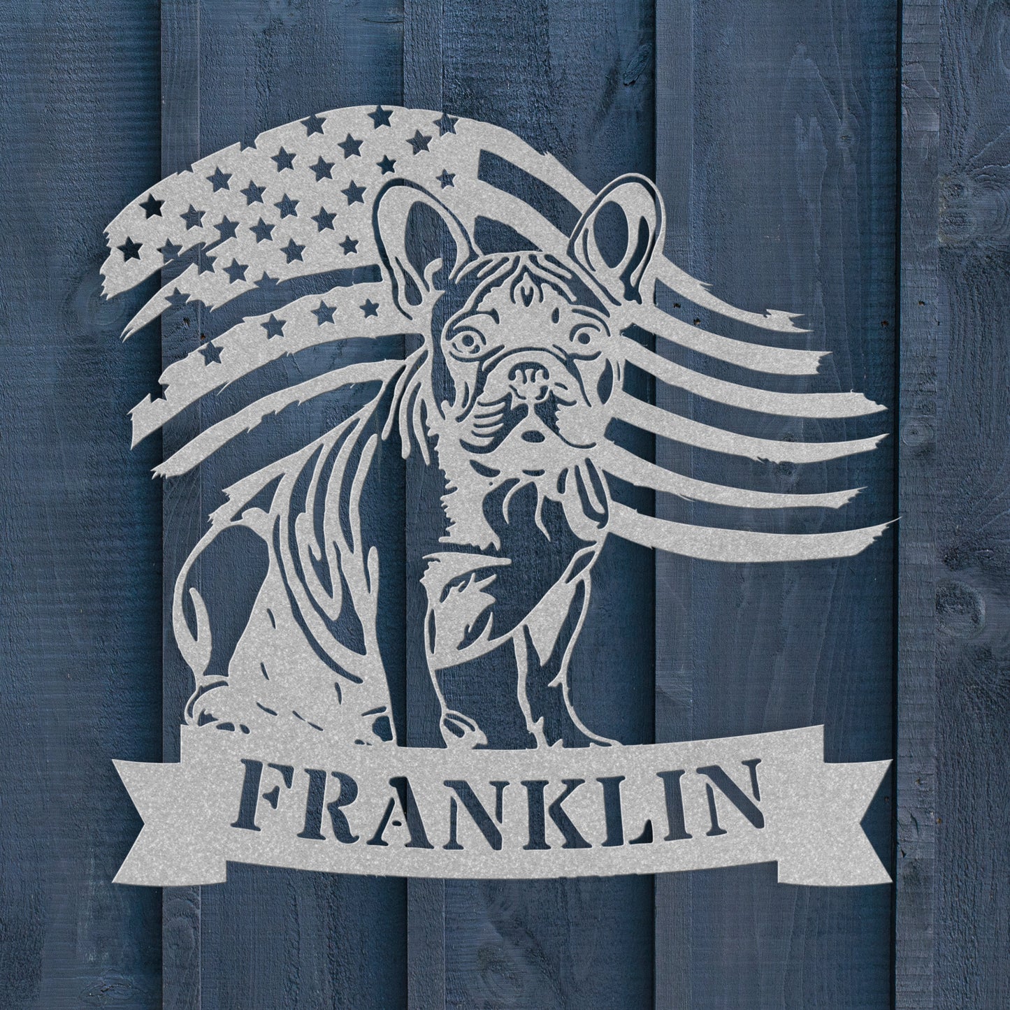French Bulldog Metal Name Sign – Patriotic American Flag Home Décor