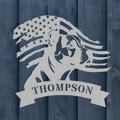 Patriotic Pitbull: Custom Metal Wall Art with American Flag