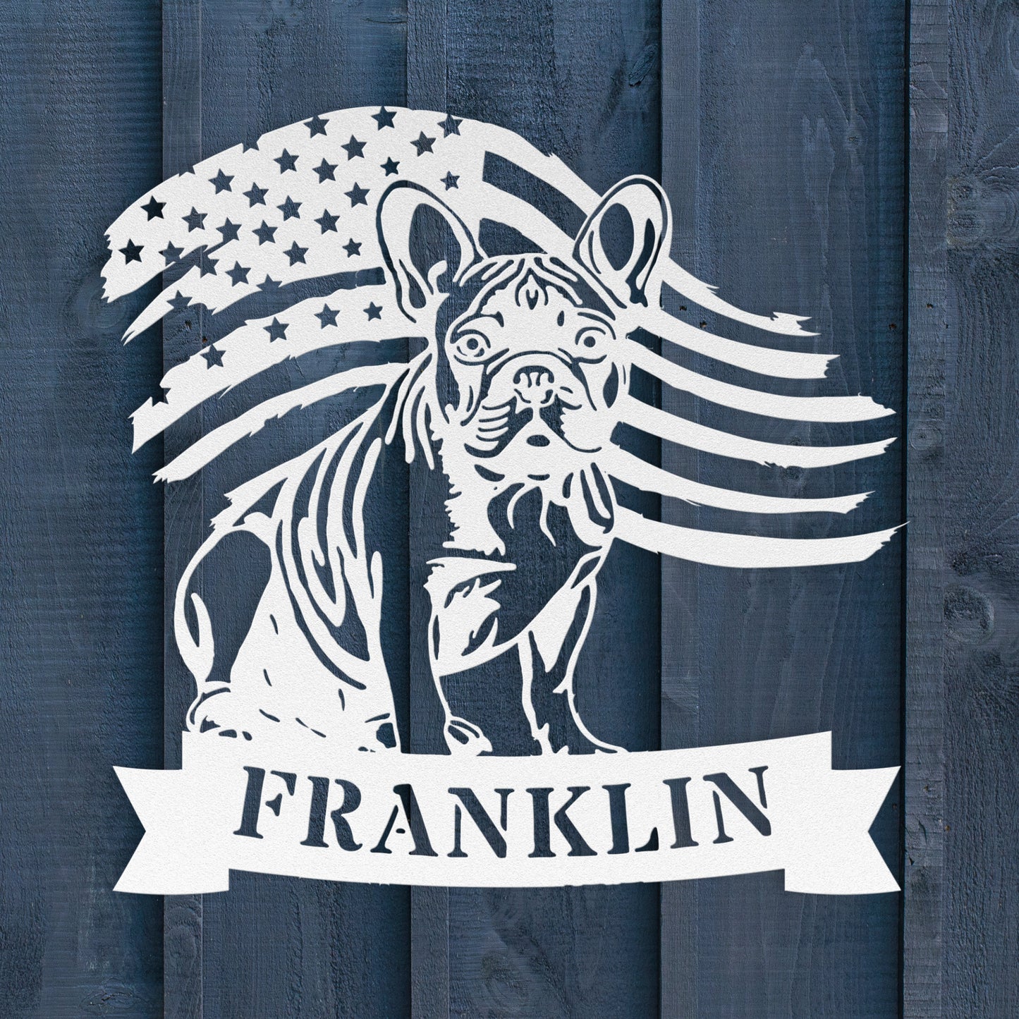 French Bulldog Metal Name Sign – Patriotic American Flag Home Décor