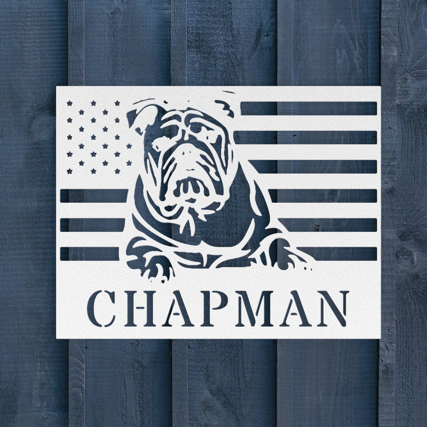 Patriotic English Bulldog Metal Wall Art – Custom American Flag Sign