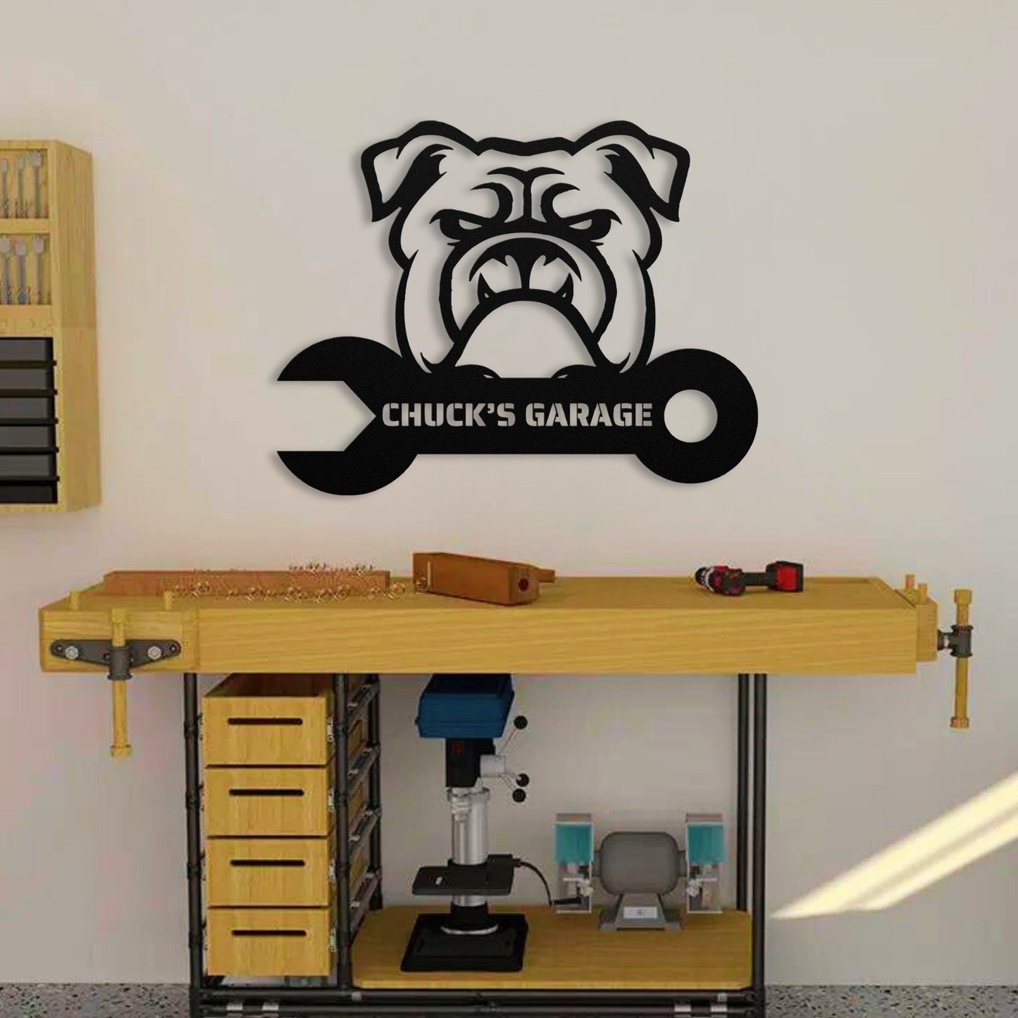 Custom Garage Metal Wall Sign above a work bench