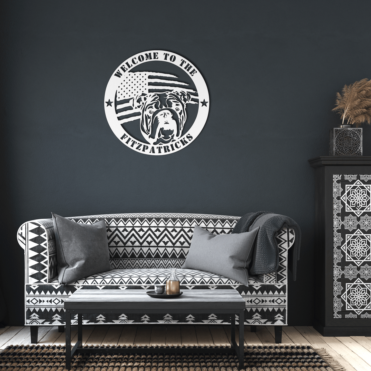 Bold and Patriotic: English Bulldog Wall Art, Customized for Your Home - BullyBellyMetal Sign