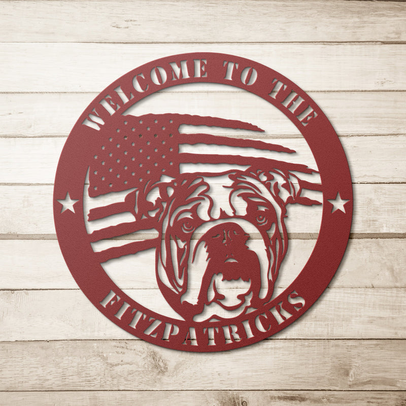 Bold and Patriotic: English Bulldog Wall Art, Customized for Your Home - BullyBellyMetal Sign