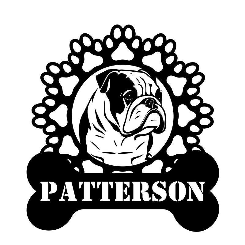 Bulldog and Paws Metal Sign - BullyBellyEnglish Bulldog Family Name