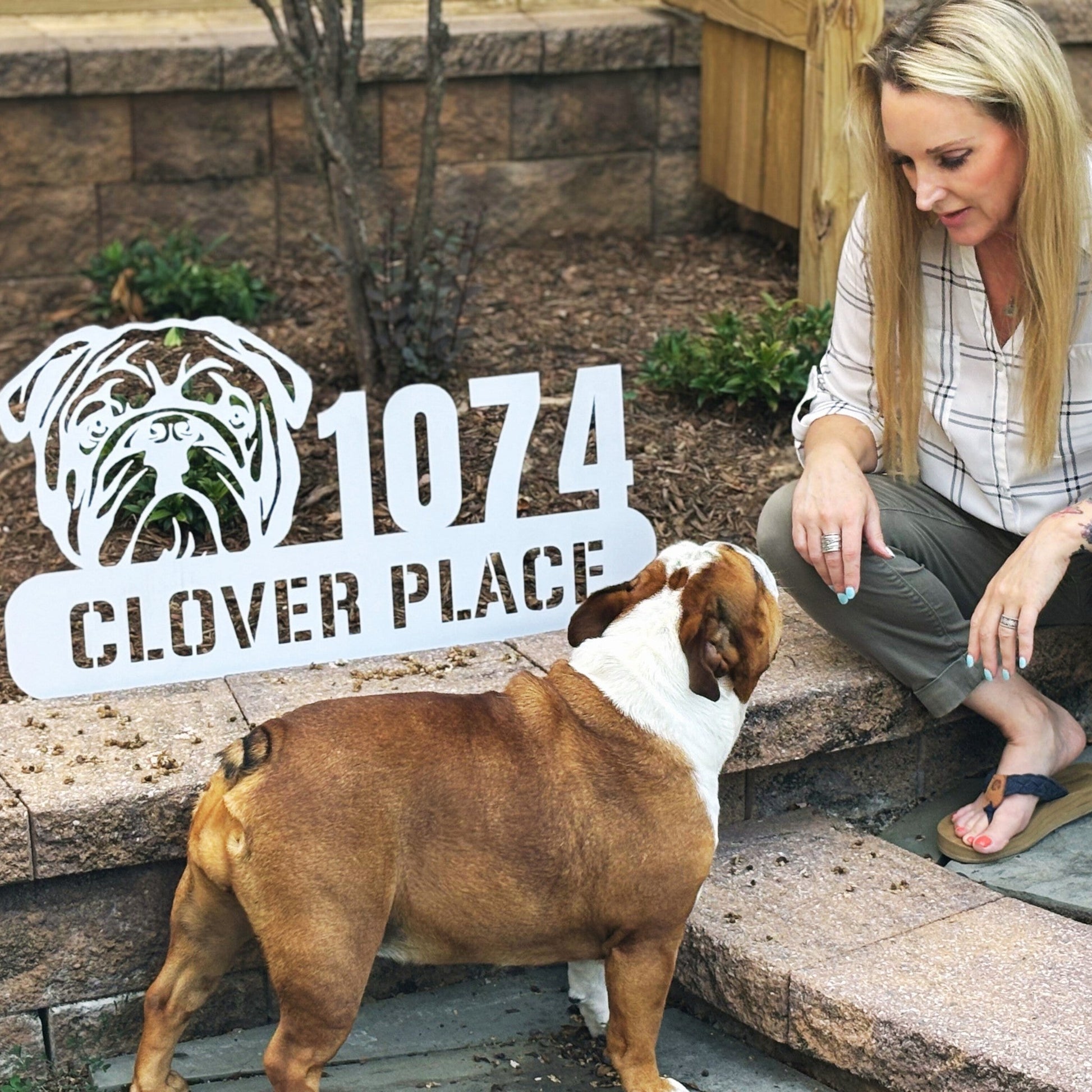 Bulldog Family Address Metal Lawn Sign