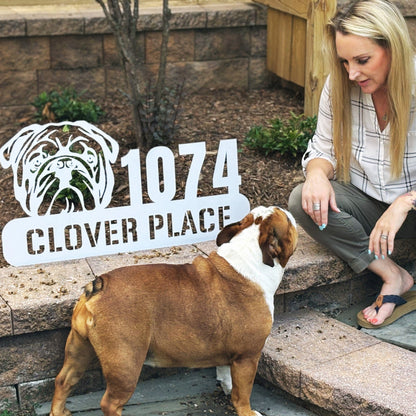 Bulldog Family Address Metal Lawn Sign