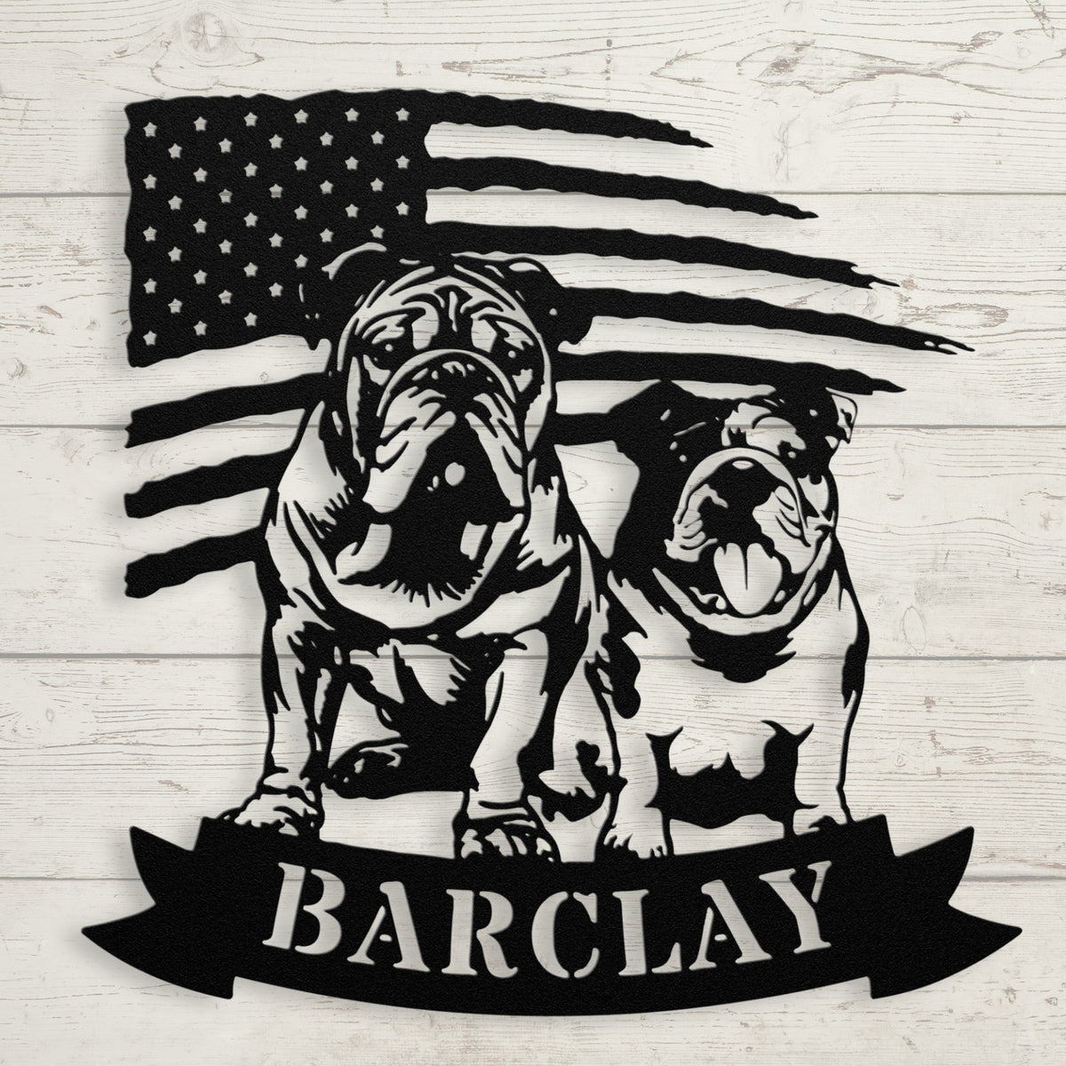 Custom Dual English Bulldog American Flag Metal Sign - BullyBellyMetal Sign