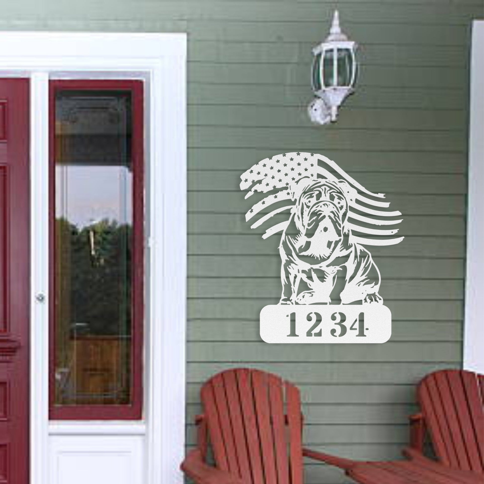 Custom English Bulldog Metal Address Sign – Patriotic American Flag Home Décor