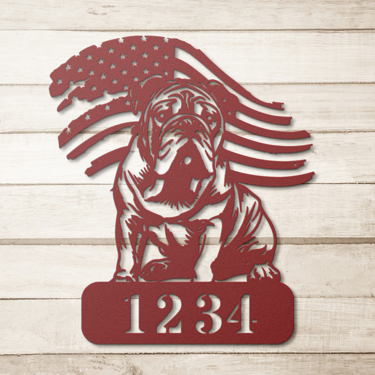 Custom English Bulldog Metal Address Sign – Patriotic American Flag Home Décor - BullyBellyMetal Sign