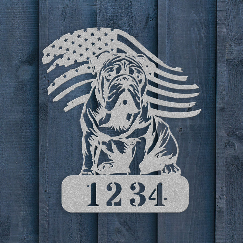 Custom English Bulldog Metal Address Sign – Patriotic American Flag Home Décor - BullyBellyMetal Sign