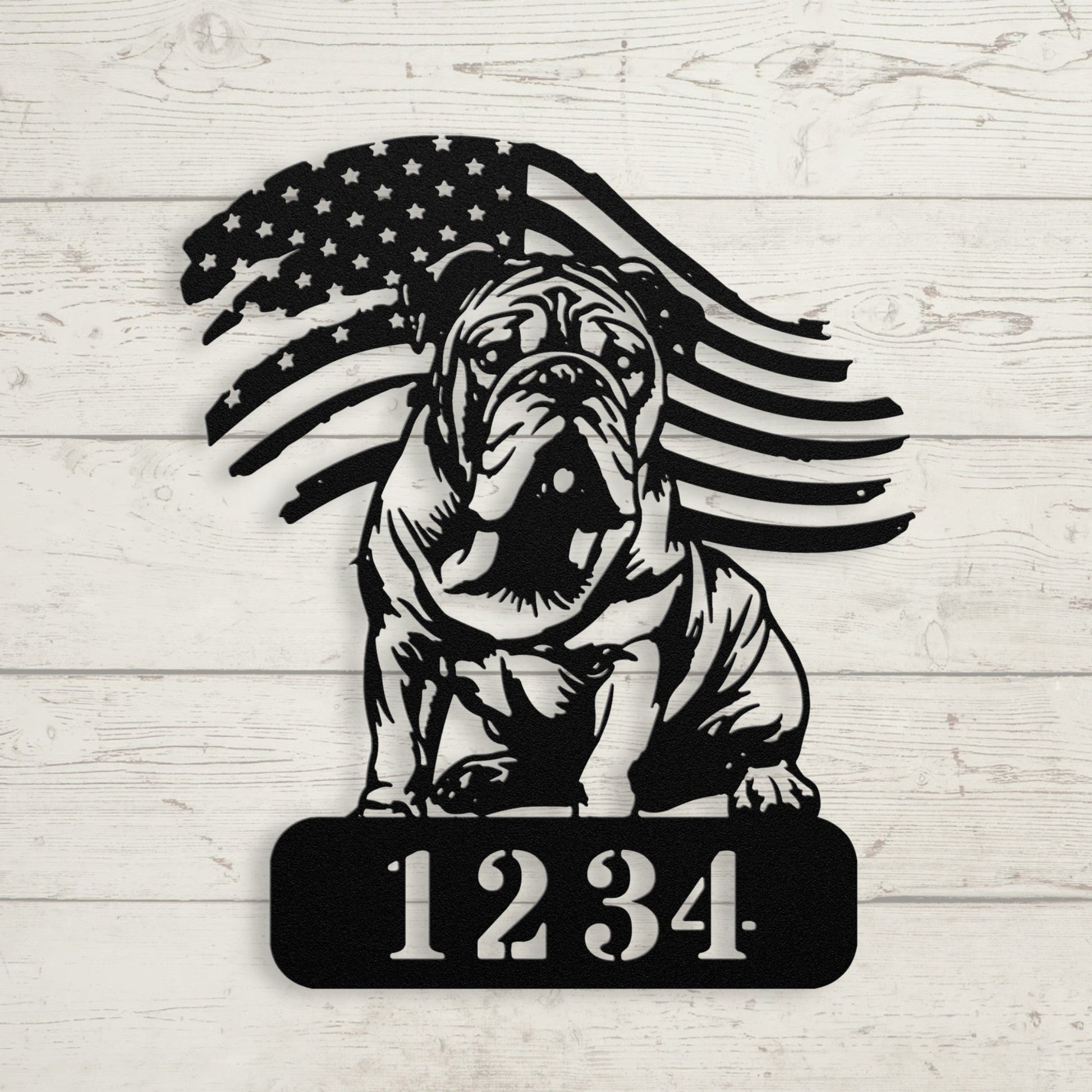 Custom English Bulldog Metal Address Sign – Patriotic American Flag Home Décor