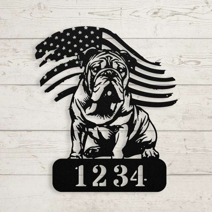 Custom English Bulldog Metal Address Sign – Patriotic American Flag Home Décor - BullyBellyMetal Sign