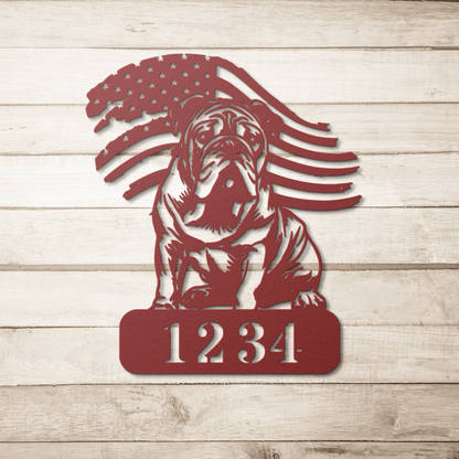 Custom English Bulldog Metal Address Sign – Patriotic American Flag Home Décor