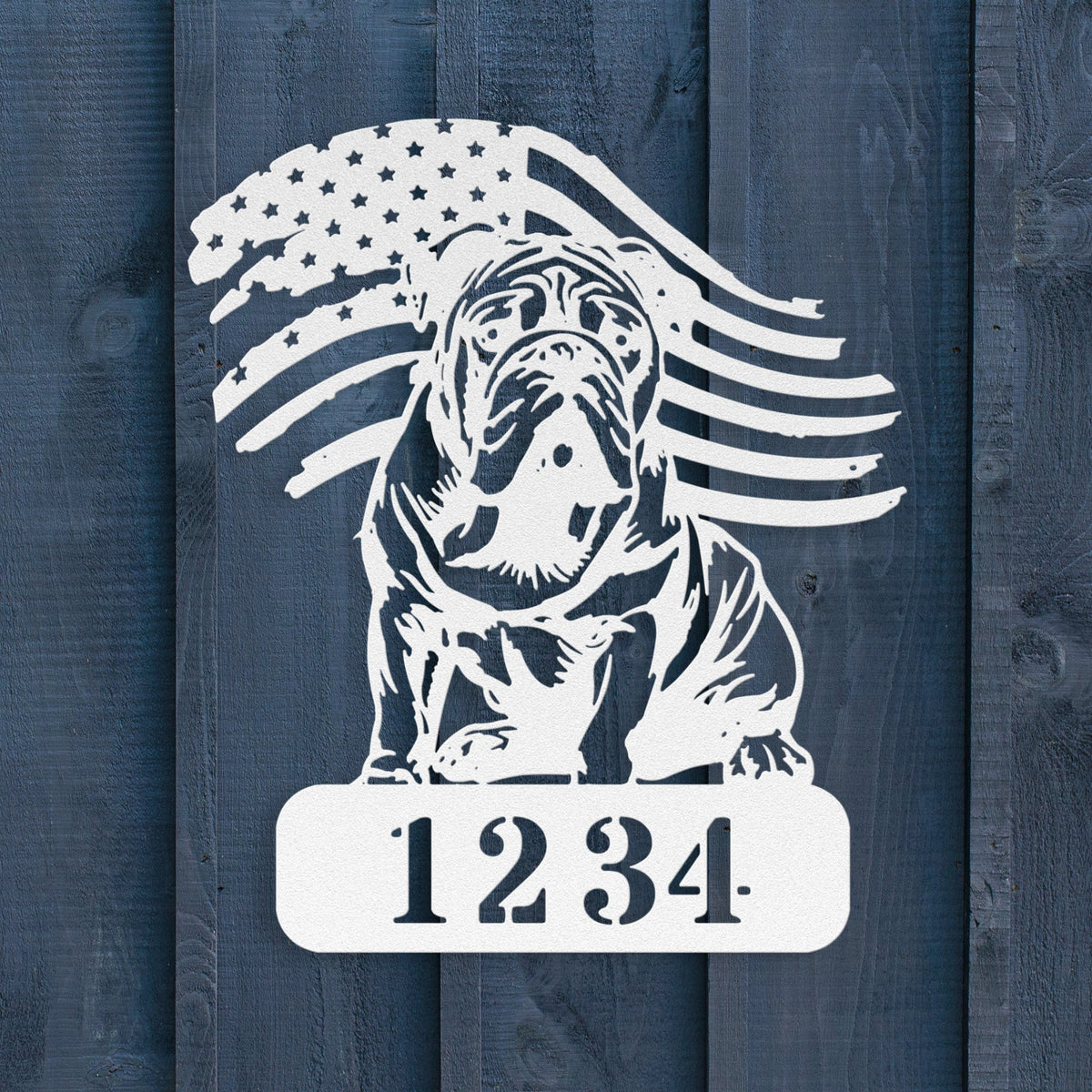 Custom English Bulldog Metal Address Sign – Patriotic American Flag Home Décor - BullyBellyMetal Sign